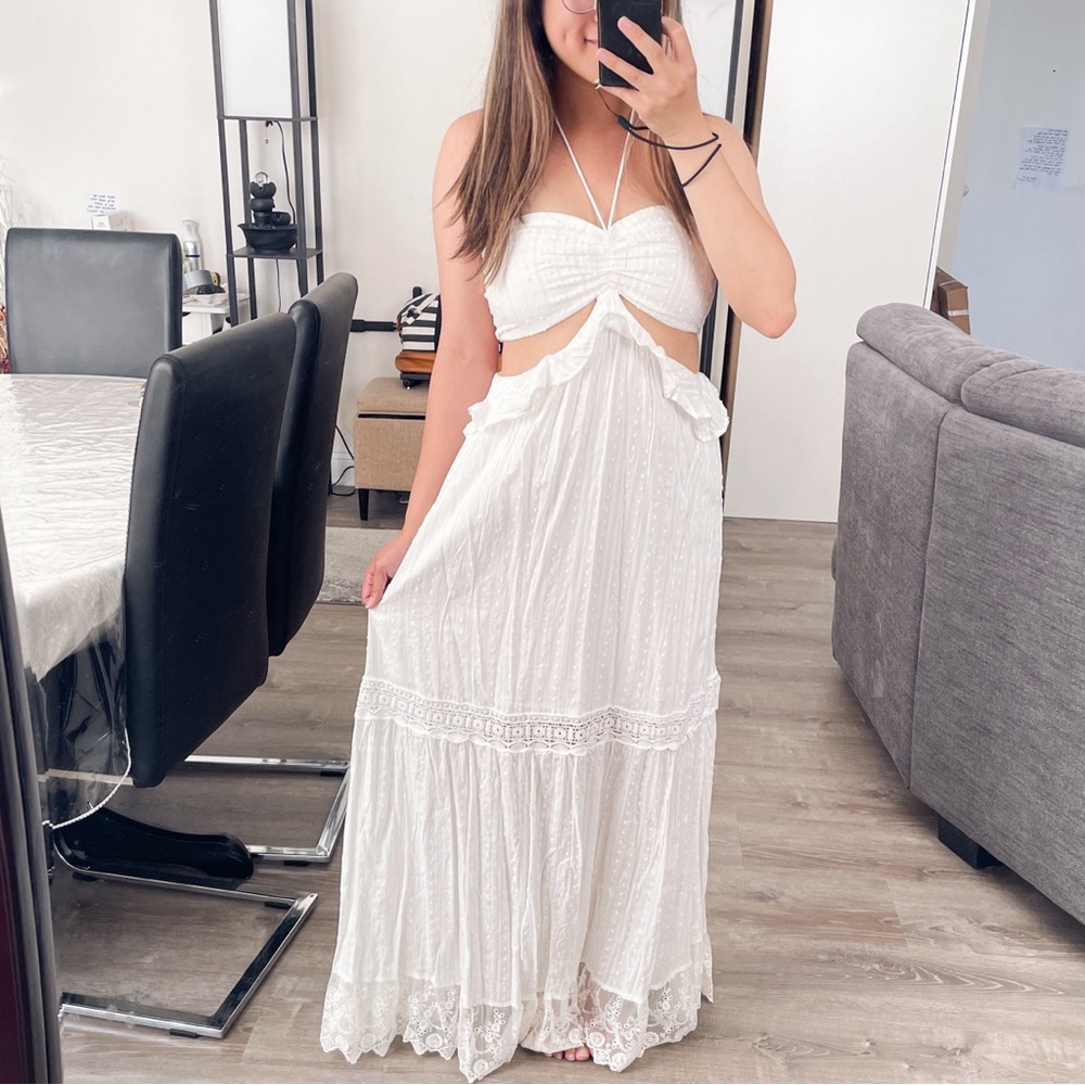 New Without Tags White Polka Dot Lace Cut Out Halter Maxi Dress